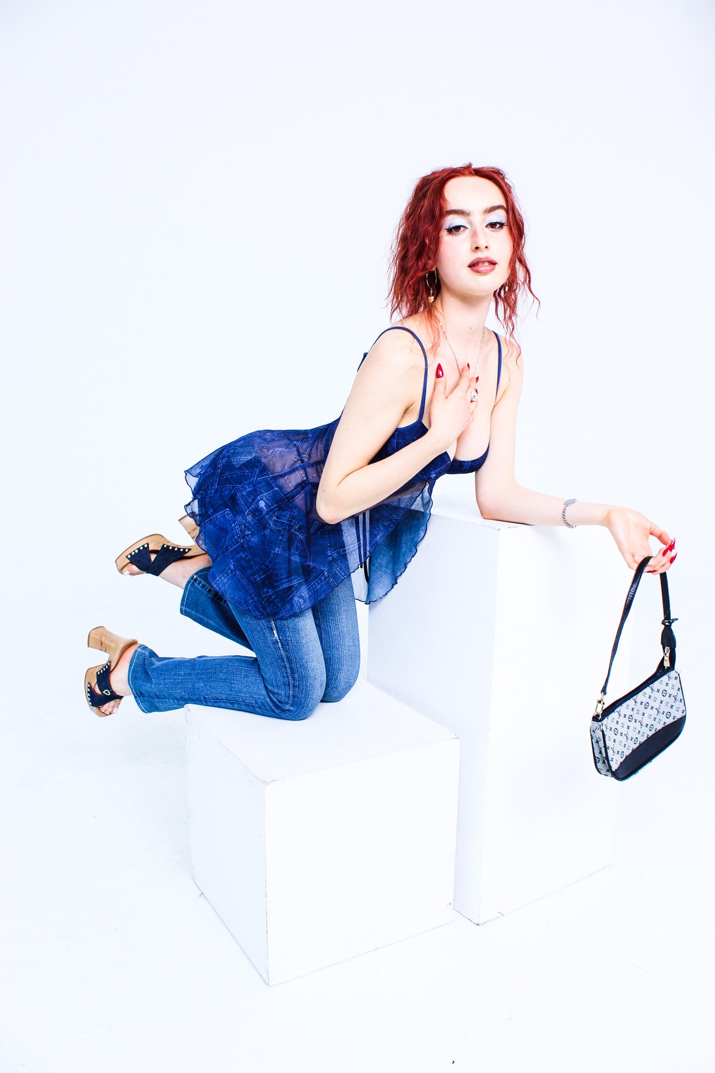 00's Denim Print Bustier Top