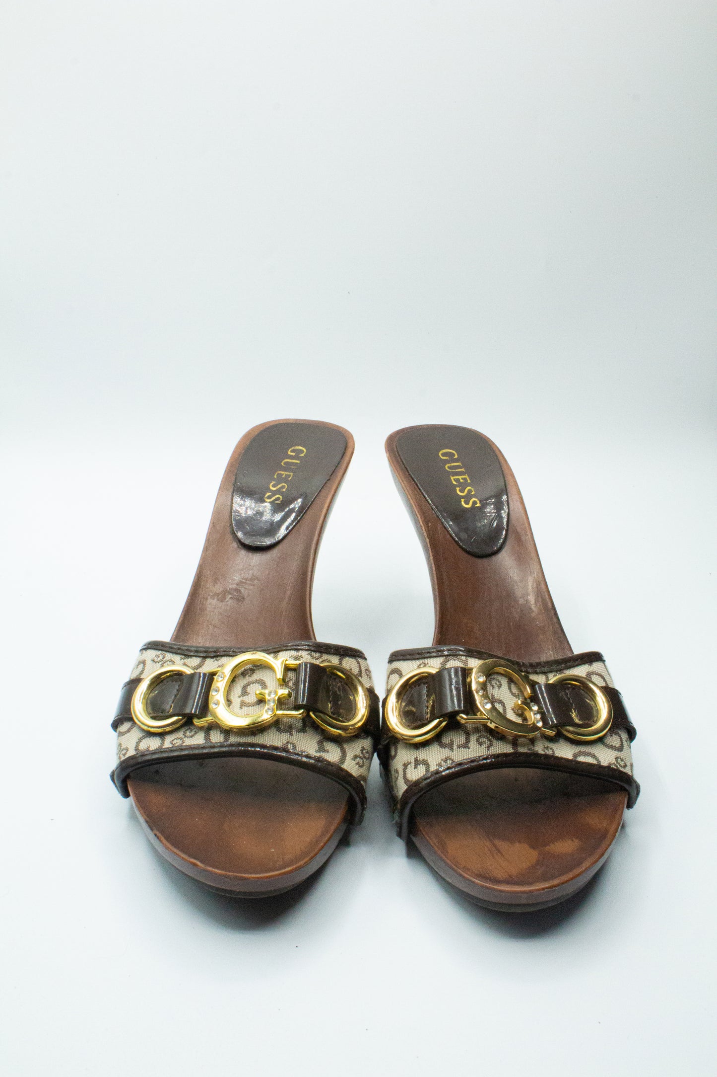 Brown Monogram Guess Heels