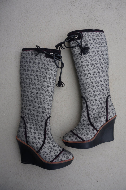 Black and Grey Baby Phat Monogram Wedge Boots