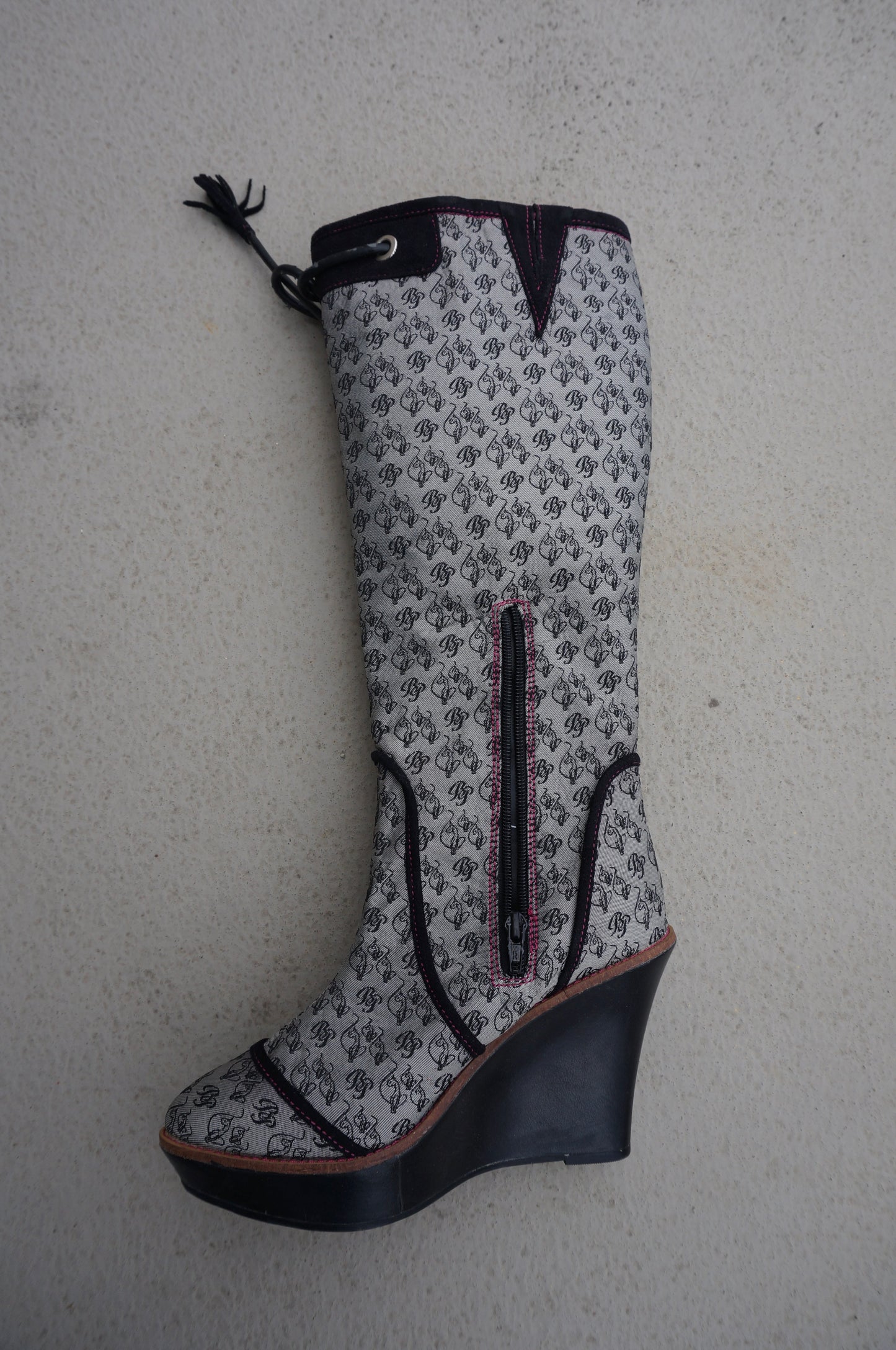 Black and Grey Baby Phat Monogram Wedge Boots