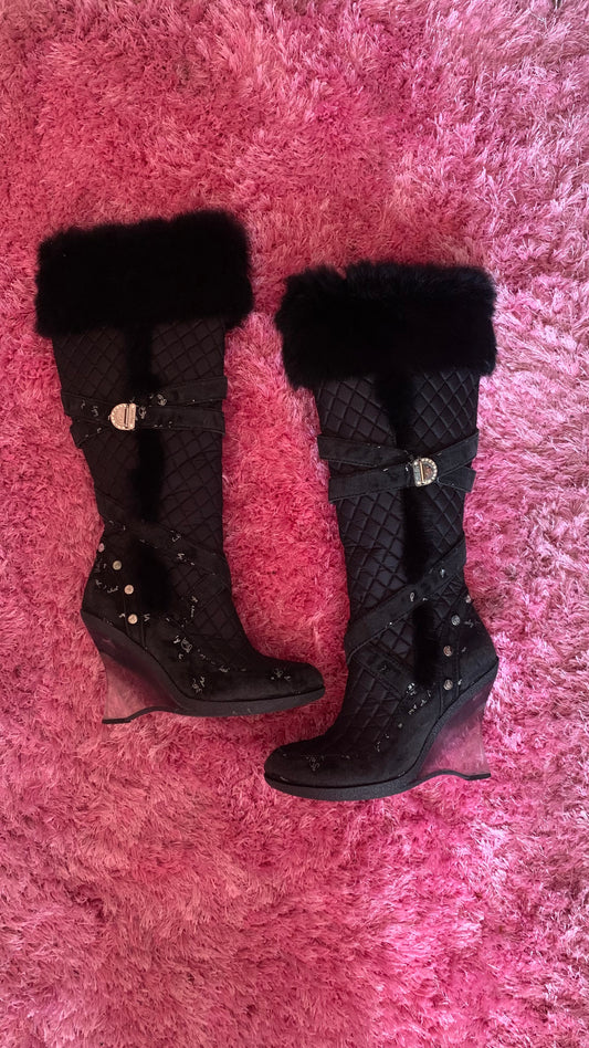 Vintage Black And Silver Baby Phat Wedge Boots