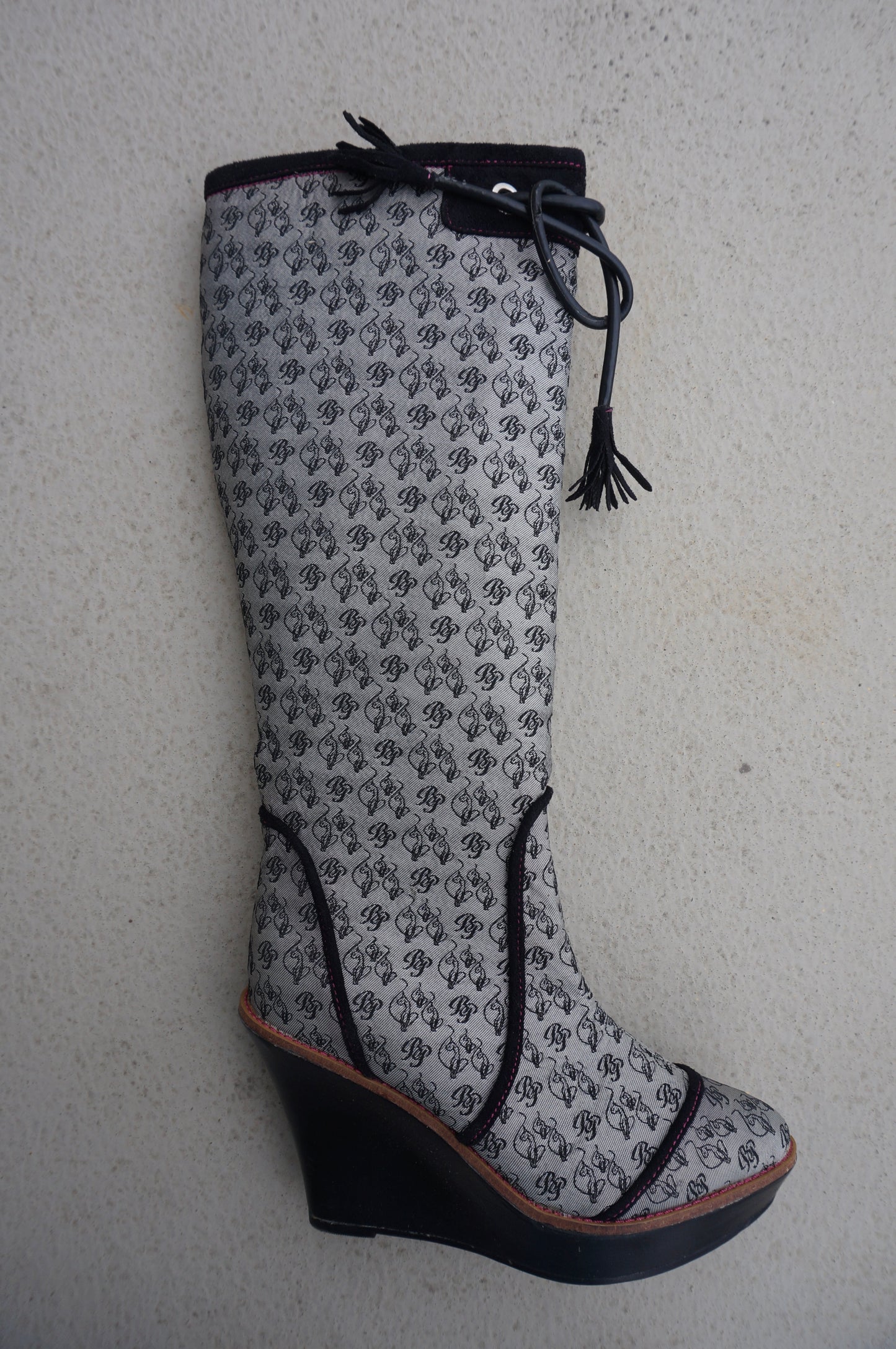 Black and Grey Baby Phat Monogram Wedge Boots