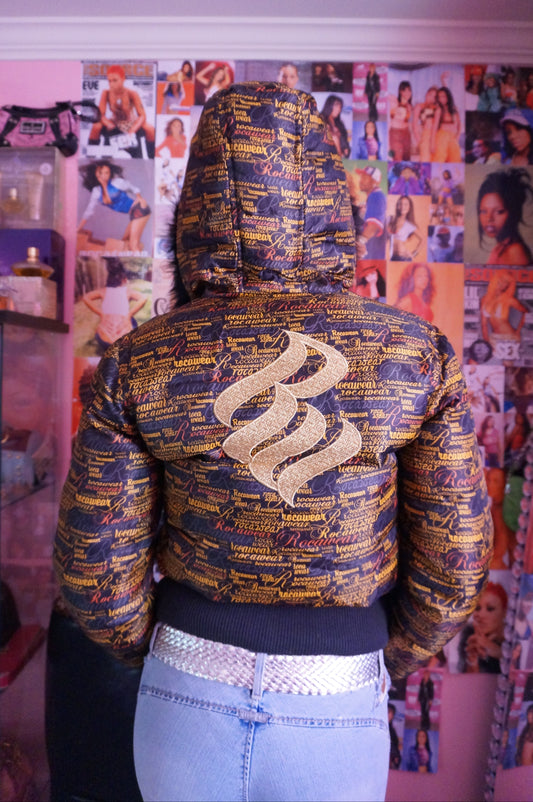 Black and Gold Monogram Rocawear Puffer coat