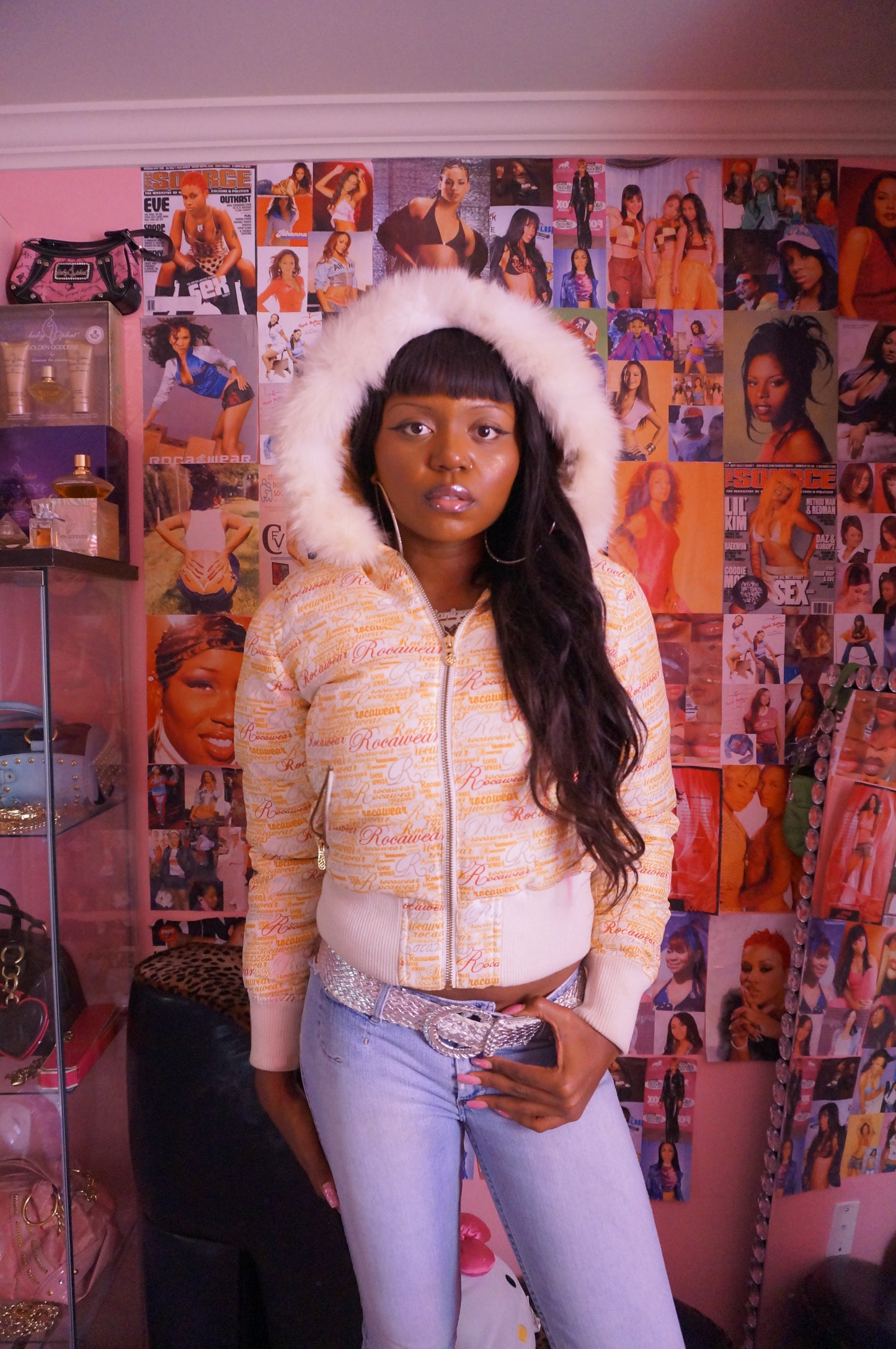 White and Gold Monogram Rocawear Puffer Coat