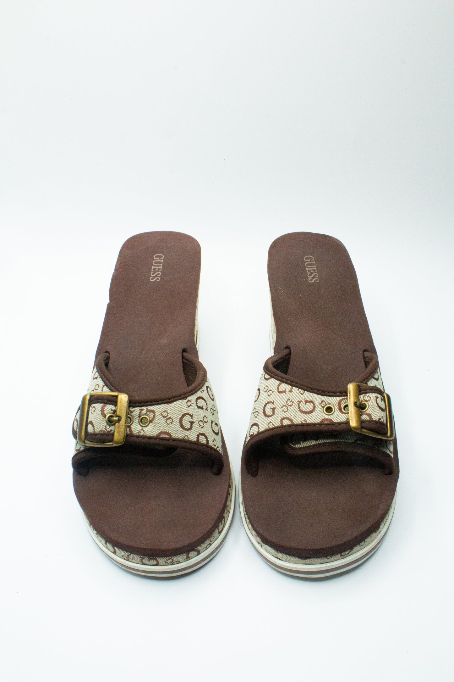 Brown Monogram Slip On Sandals by Guess