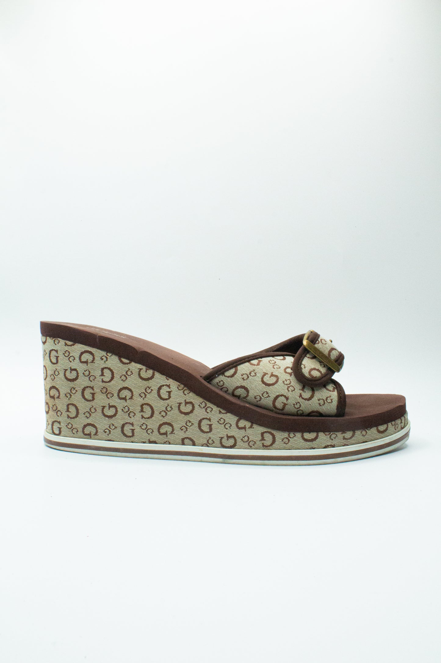 Brown Monogram Slip On Sandals by Guess
